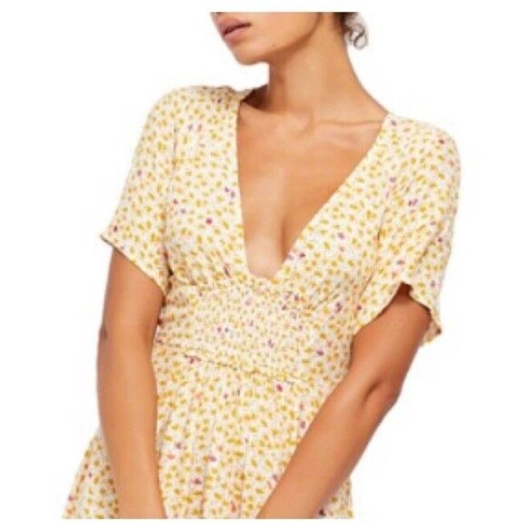 Free People Full Bloom Dress XS Floral Smocked Midi V-Neck Boho Cottage - Picture 6 of 16